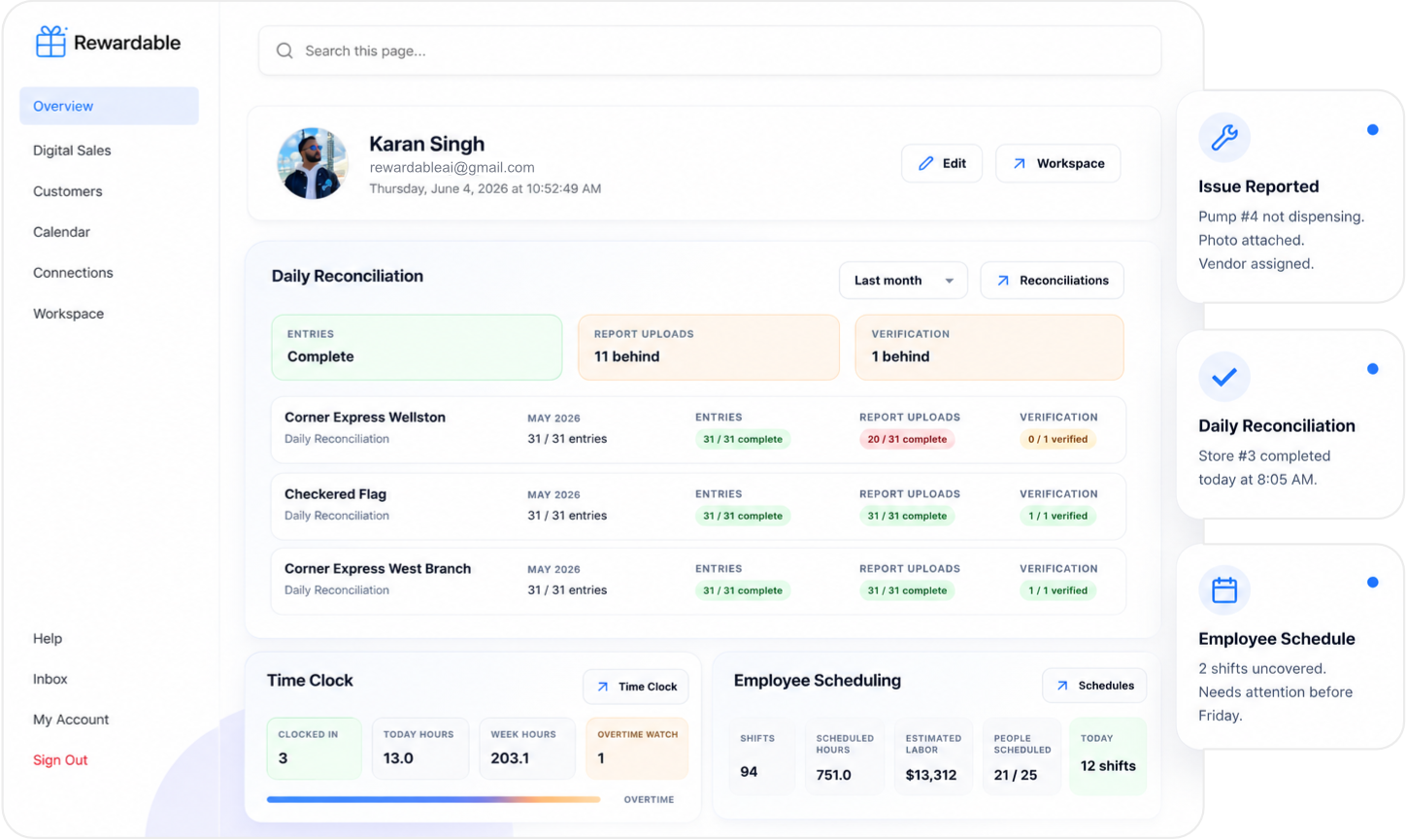 Rewardable owner command center dashboard